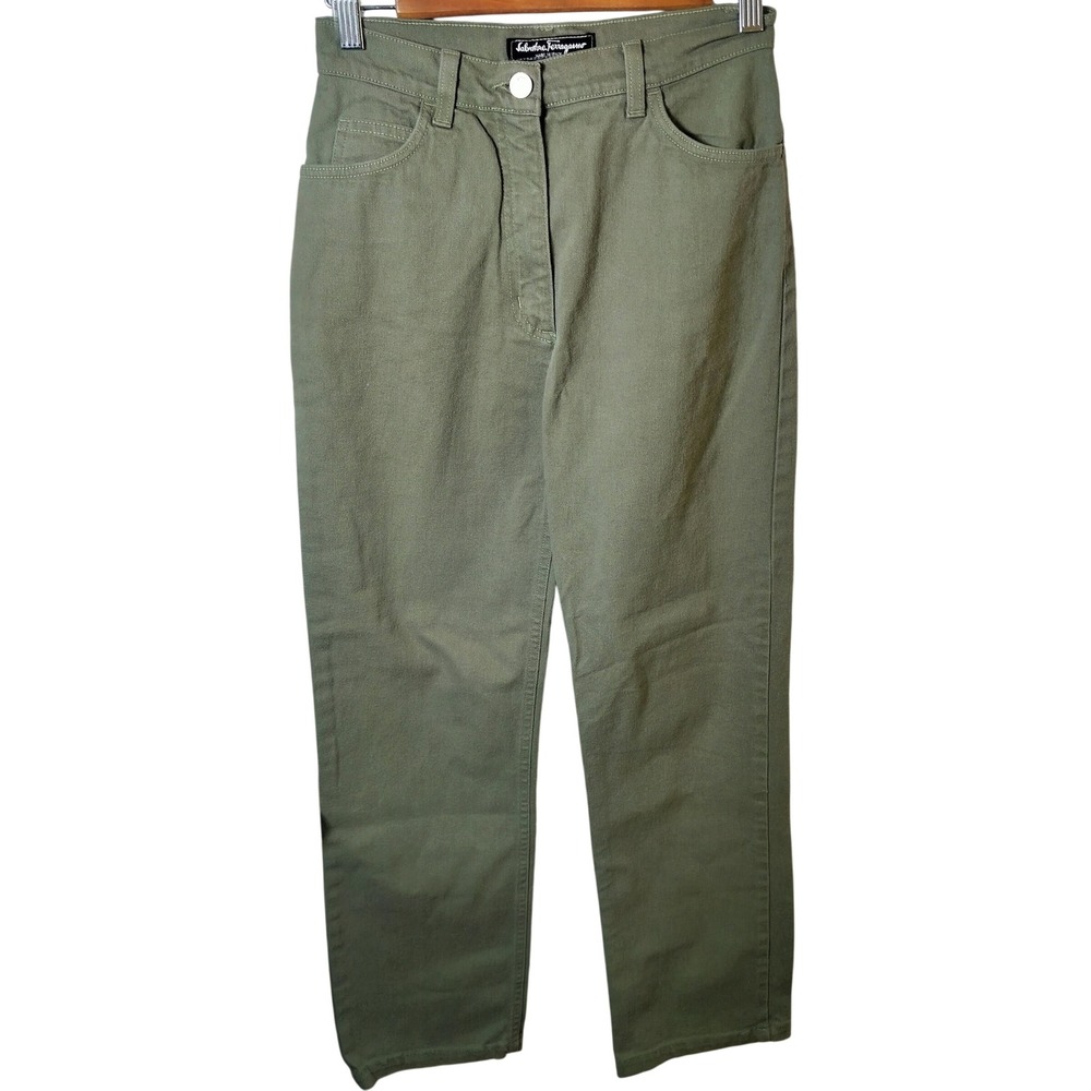 Salvatore Ferragamo Womens Olive Green Gancini High Waist Straight Leg Pants 26